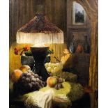 J. Clare (19th/20th Century) - Oil painting - Still life of fruit and flowers lit by a shaded oil