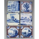 Six 18th Century English blue and white and blue and manganese tiles, various subjects, each 5ins