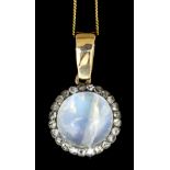 An Edwardian gold and silvery coloured metal mounted moonstone and diamond pendant, the circular