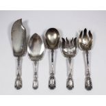 A set of five American silver serving implements with ornate cast bearded mask and leaf scroll