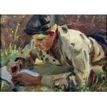 Russian School (20th Century) - Oil painting - Young man reading a book, board 7ins x 9.25ins, in