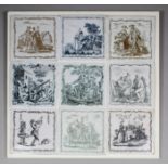 Nine 18th Century English Sadler & Green transfer printed Delft tiles in various colours, with