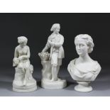 A 19th Century English Parian bust of a young woman on turned socle base, 10.25ins high, another