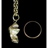 A gold coloured metal nugget (gross weight 12 grammes) and a 9ct gold chain necklet for same (