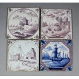 Three 18th Century Dutch Delft manganese tiles with landscape designs within differing borders,