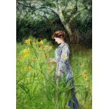 ***Gideon Fiddler (1857-1942) - Oil painting - Study of a standing girl in a garden admiring a