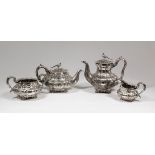 A good William IV silver four piece tea and coffee service, the squat bulbous lobed bodies