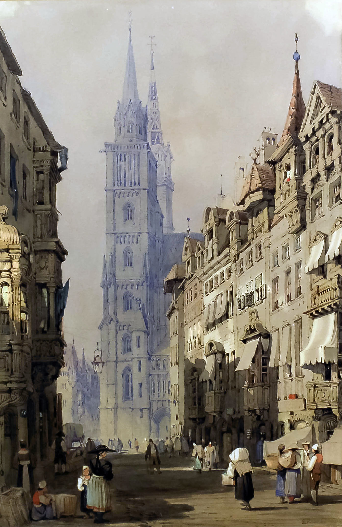 Samuel Prout (1783-1852) - Watercolour - French townscape with cathedral, 16ins x 10.5ins, signed,