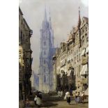 Samuel Prout (1783-1852) - Watercolour - French townscape with cathedral, 16ins x 10.5ins, signed,