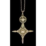 An Eastern gold coloured metal cross pattern pendant with filigree borders, 75mm x 48mm overall, and