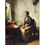 Bernard de Hoog (1867-1943) - Oil painting - Woman saying grace at table, canvas 29ins x 33ins,