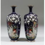 A pair of late 19th Century Japanese cloisonne vases decorated with a cockerel and a hen amongst