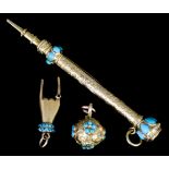 A late Victorian gold coloured metal turquoise set propelling pencil, the body finely chased with