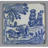 An 18th Century English Sadler & Green Delft tile with blue wood block printed design of peasants