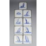 Eight 17th Century Dutch blue and white Delft "Ship" tiles and one other painted with a flounder,