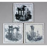 An 18th Century English Sadler & Green Delft tile transfer printed in black with classical ruins,