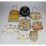 Four early 20th Century ladies bead work bags and four worked in coloured threads, various