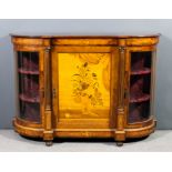 A modern Continental walnut and marquetry credenza in the Victorian manner, inlaid with floral