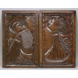 A pair of rare English oak portrait panels, the subjects with distinctive elongated necks, circa