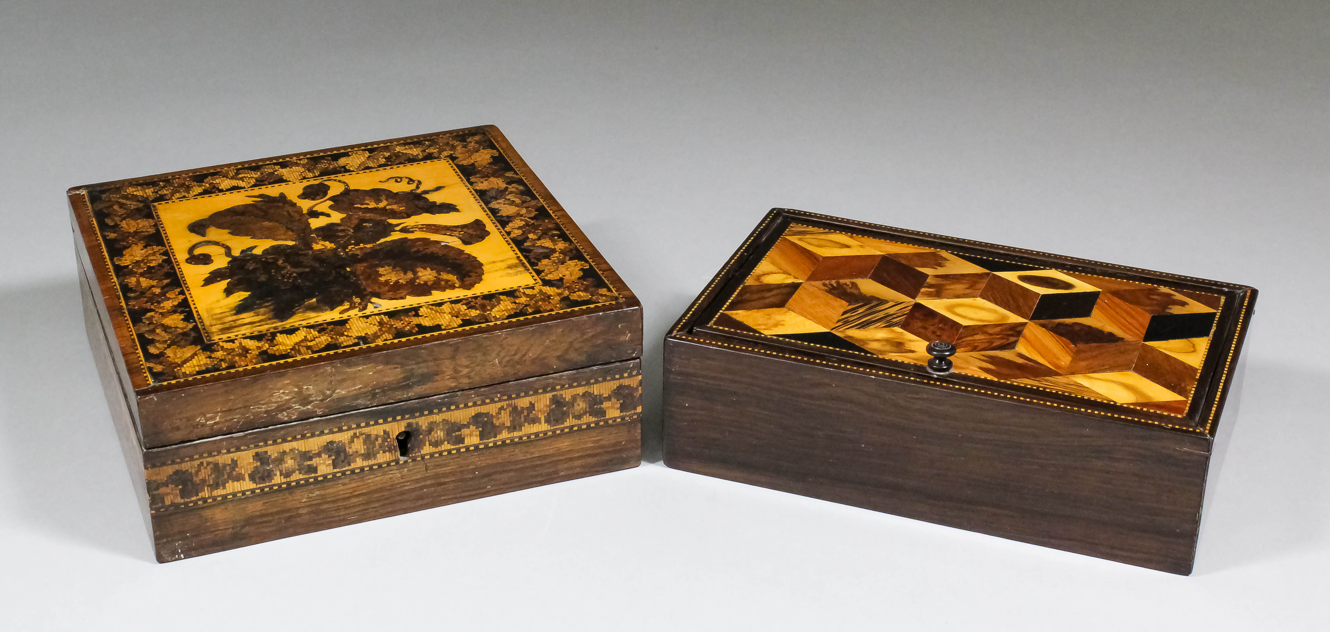 A Victorian rosewood and Tunbridge ware square box, the lid decorated with floral spray within