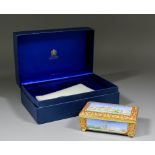 A modern Halcyon Days limited edition enamel rectangular musical box playing "The Four Seasons", the