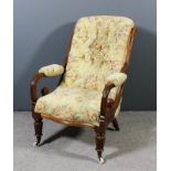 A Victorian mahogany framed scroll back open arm easy chair, with moulded scroll arm terminals,