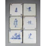 Six 17th Century Dutch blue and white tiles painted with figures and putti, various, each 5ins