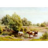 Henry Birtles (1838-1907) - Watercolour - "Near Guildford" - Scene of cattle watering in a river,