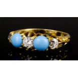 A late Victorian 18ct gold mounted diamond and turquoise five stone ring, set with three old cut