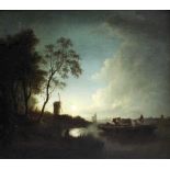 Edward Williams (1782-1855) - Oil painting - Moonlight river landscape with figures and cattle on