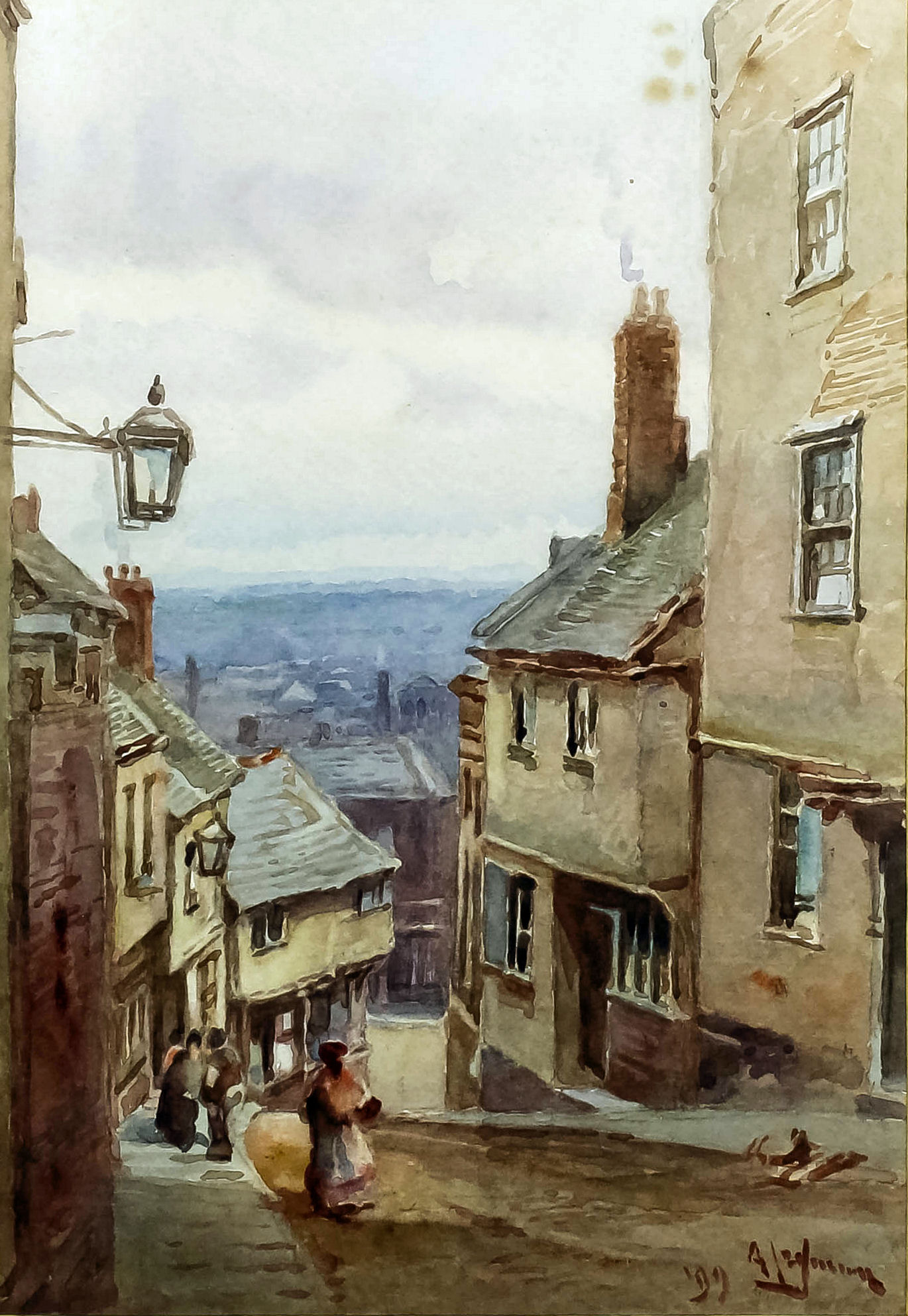 Alfred Leyman (1856-1933) - Watercolour - "Old Exeter", 7.5ins x 7.75ins, in gilt frame and glazed