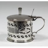 A George III silver cylindrical mustard pot, the slightly domed lid with pierced thumbpiece, the