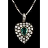 A late Victorian gold and silvery coloured metal mounted emerald and diamond set heart pattern