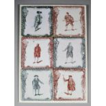 A set of six 18th Century English Sadler & Green puce and black transfer printed theatrical Delft