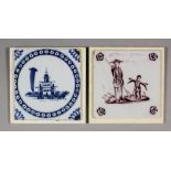 An 18th Century English blue and white Delft tile with building and tree within dotted circular