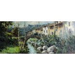 *** Francesco Carbonell (20th Century) - Oil painting - Spanish hill town scene with river, canvas