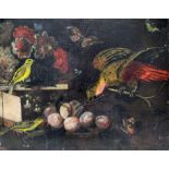 English School (17th Century) - Pair of oil paintings - Both painted with birds amongst fruit,