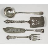 A pair of Victorian silver Kings pattern fish servers, the blades pierced with scroll ornament, by