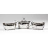 A George III silver "West Kent Mess" oval three piece condiment set with gadroon mounts,