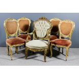 A 20th Century French painted and gilt framed open arm Fauteuil of Louis XV design, the shaped