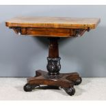 An early Victorian rosewood rectangular card table, with plain baize lined folding top, scroll