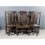 Five late 17th/early 18th Century dining chairs and similar armchair with shaped crest rails, all