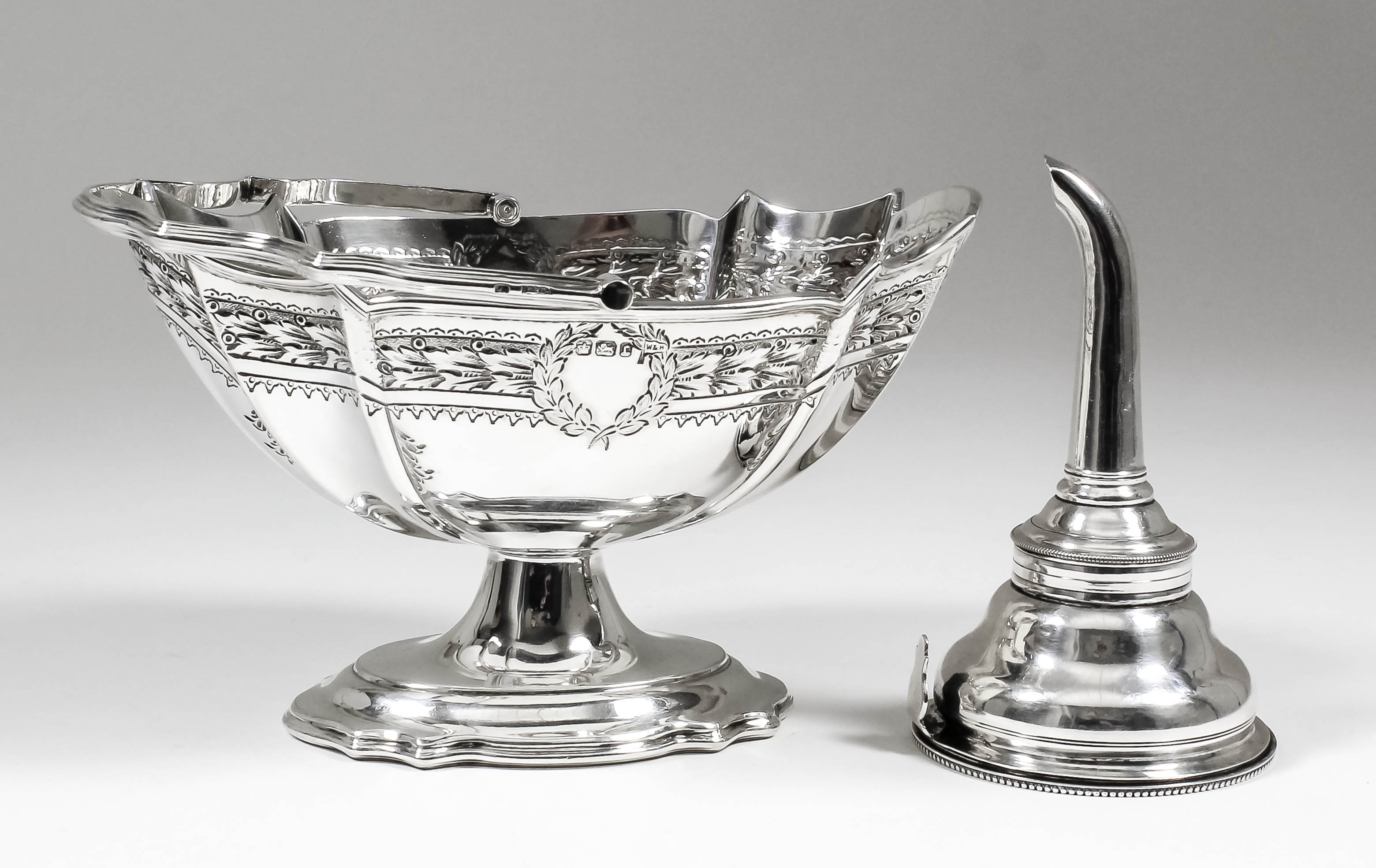 A George III silver wine funnel in three sections with bead mounts to rim, 4.75ins, possibly by