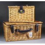 @Four modern wicker rectangular picnic cases, (no contents), and ten small wicker picnic hampers, (