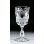 A mid 18th Century German wine glass, the trumpet bowl engraved with a crowned monogram "F.R",