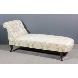 Late Victorian scroll end chaise longue, upholstered in cream damask the scroll end buttoned, on