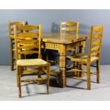 A modern oak draw leaf table of "17th Century" design, with flush panel tops, fluted side rails