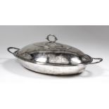 A George III silver oval two-handled entree dish and associated cover with reeded mounts and