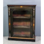 A late Victorian ebonised and gilt metal mounted dwarf display cabinet inlaid with stringings,