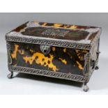 A 19th Century tortoiseshell and silvery metal mounted and inlaid rectangular two-handled casket,